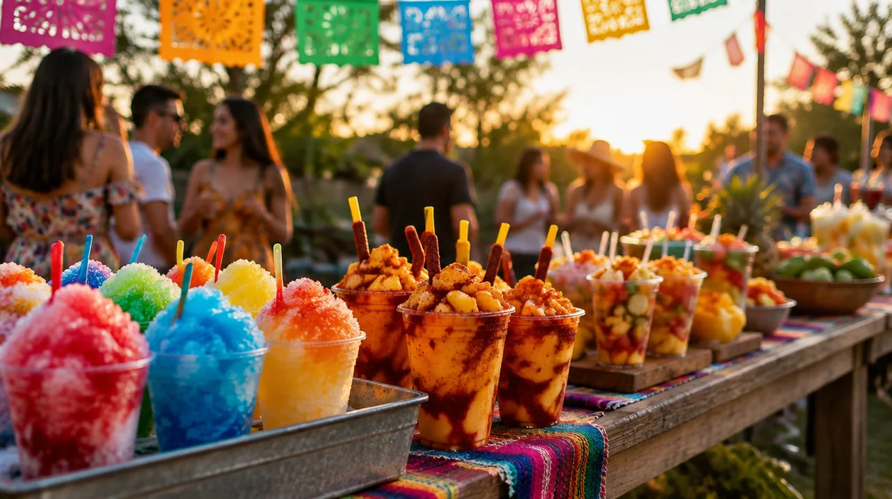 Raspas, Mangonadas and fruit cups laid out at an outdoor party