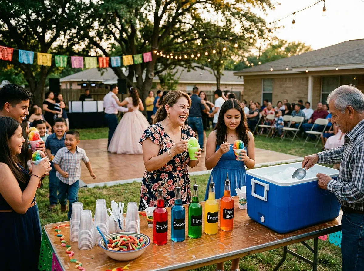 A raspa station at a backyard quinceañera, guests holding rainbow raspas